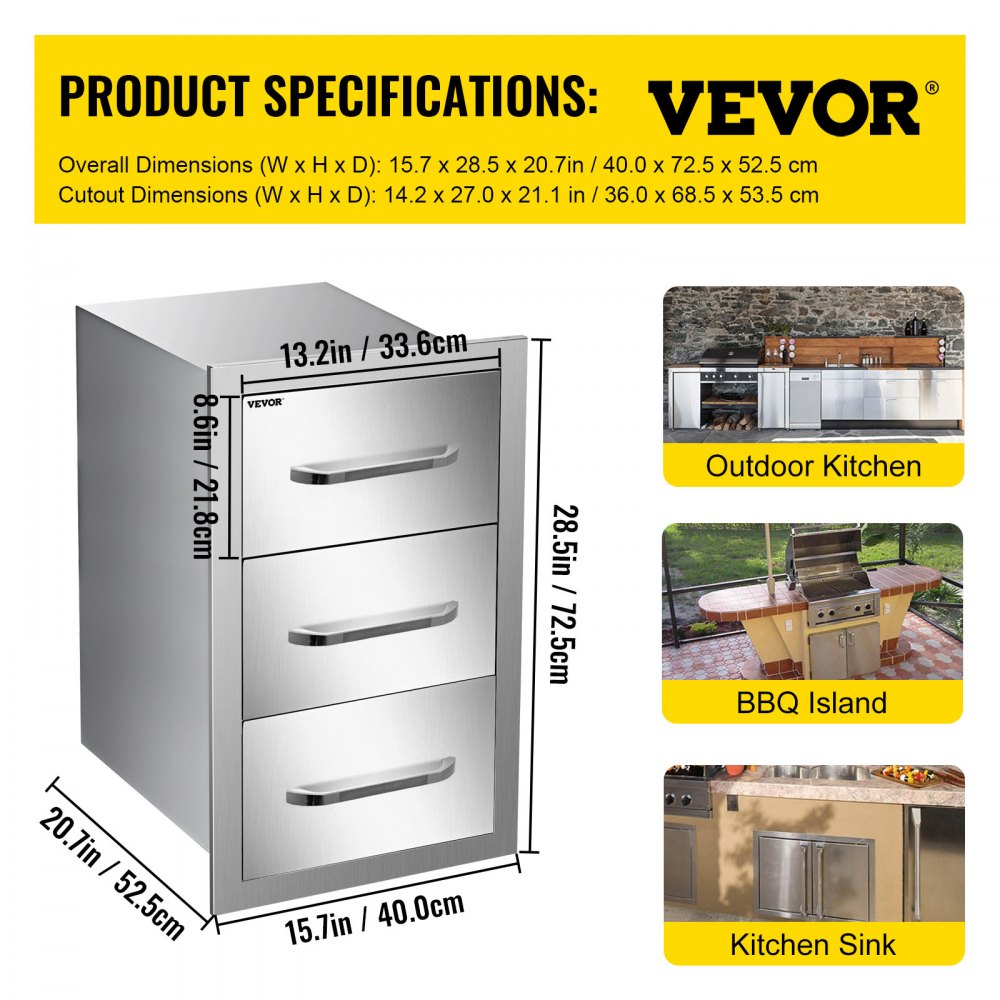 VEVOR Outdoor Kitchen Drawers 16\" W x 28.5\" H x 20.5\" D, Flush Mount Triple Access BBQ Drawers Stainless Steel with Handle, BBQ Island Drawers for Outdoor Kitchens or Patio Grill Station