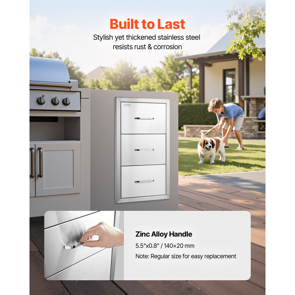 VEVOR Outdoor Kitchen Drawers 16\" W x 28.5\" H x 20.5\" D, Flush Mount Triple Access BBQ Drawers Stainless Steel with Handle, BBQ Island Drawers for Outdoor Kitchens or Patio Grill Station