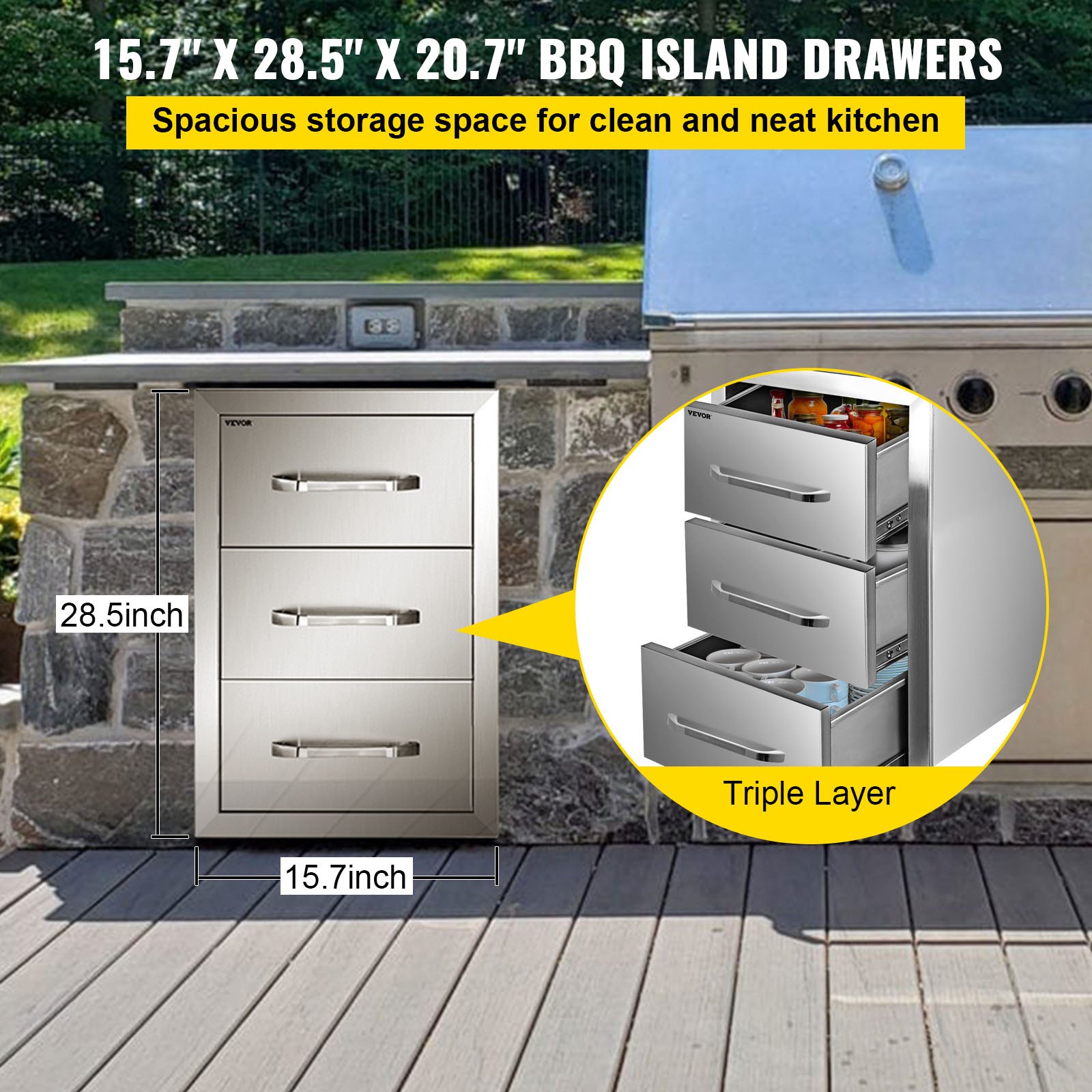VEVOR Outdoor Kitchen Drawers 16\" W x 28.5\" H x 20.5\" D, Flush Mount Triple Access BBQ Drawers Stainless Steel with Handle, BBQ Island Drawers for Outdoor Kitchens or Patio Grill Station