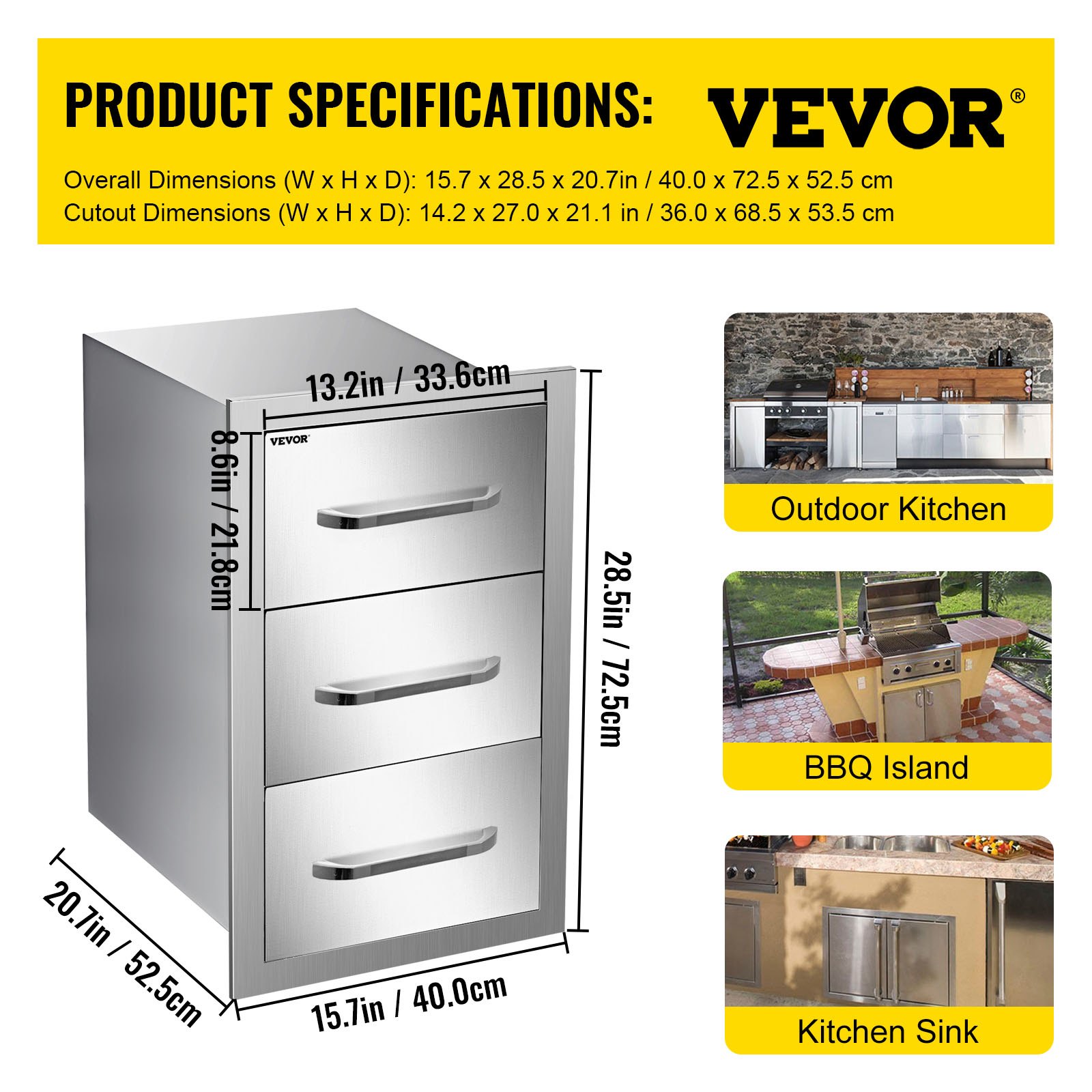 VEVOR Outdoor Kitchen Drawers 16\" W x 28.5\" H x 20.5\" D, Flush Mount Triple Access BBQ Drawers Stainless Steel with Handle, BBQ Island Drawers for Outdoor Kitchens or Patio Grill Station