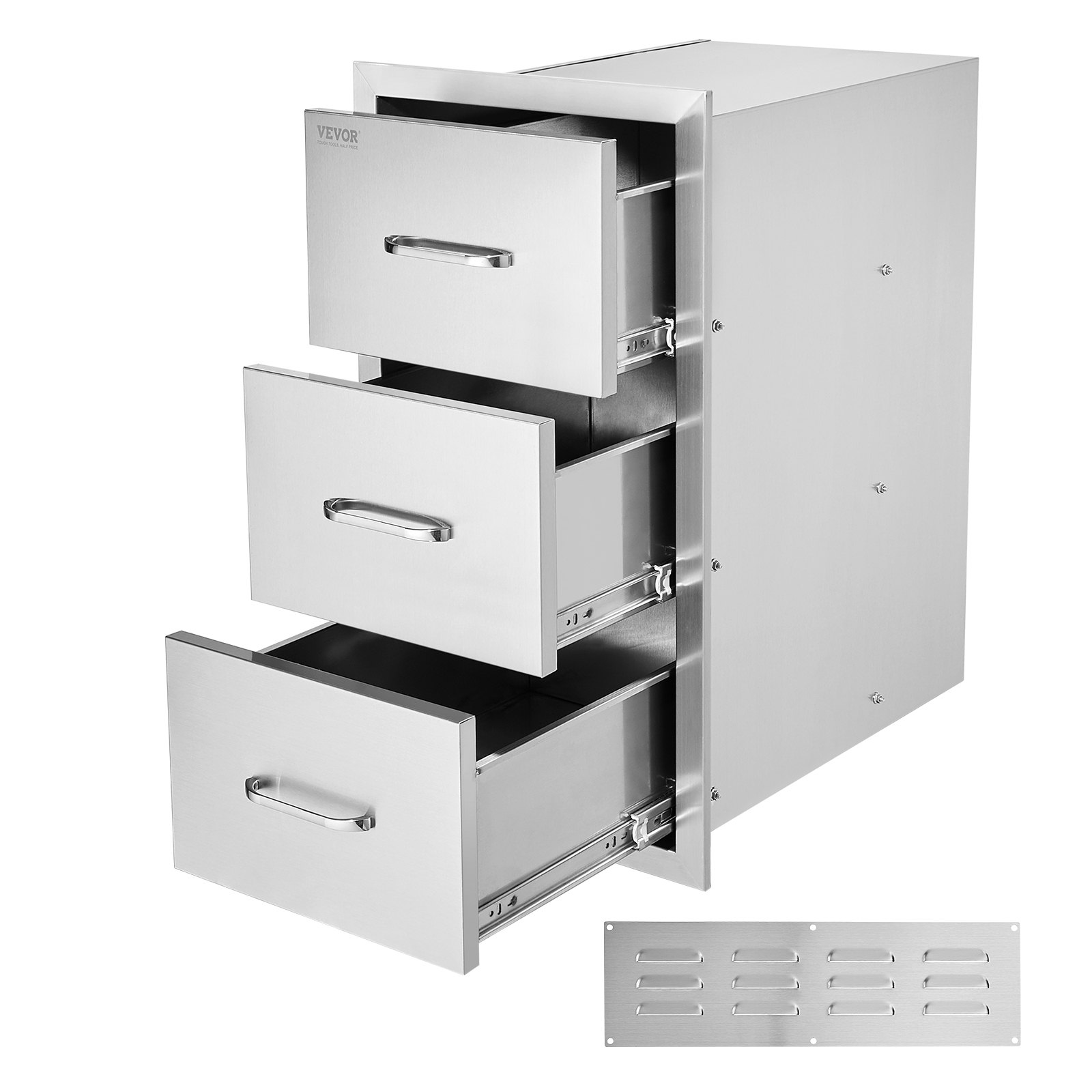 VEVOR Outdoor Kitchen Drawers 16\" W x 28.5\" H x 20.5\" D, Flush Mount Triple Access BBQ Drawers Stainless Steel with Handle, BBQ Island Drawers for Outdoor Kitchens or Patio Grill Station