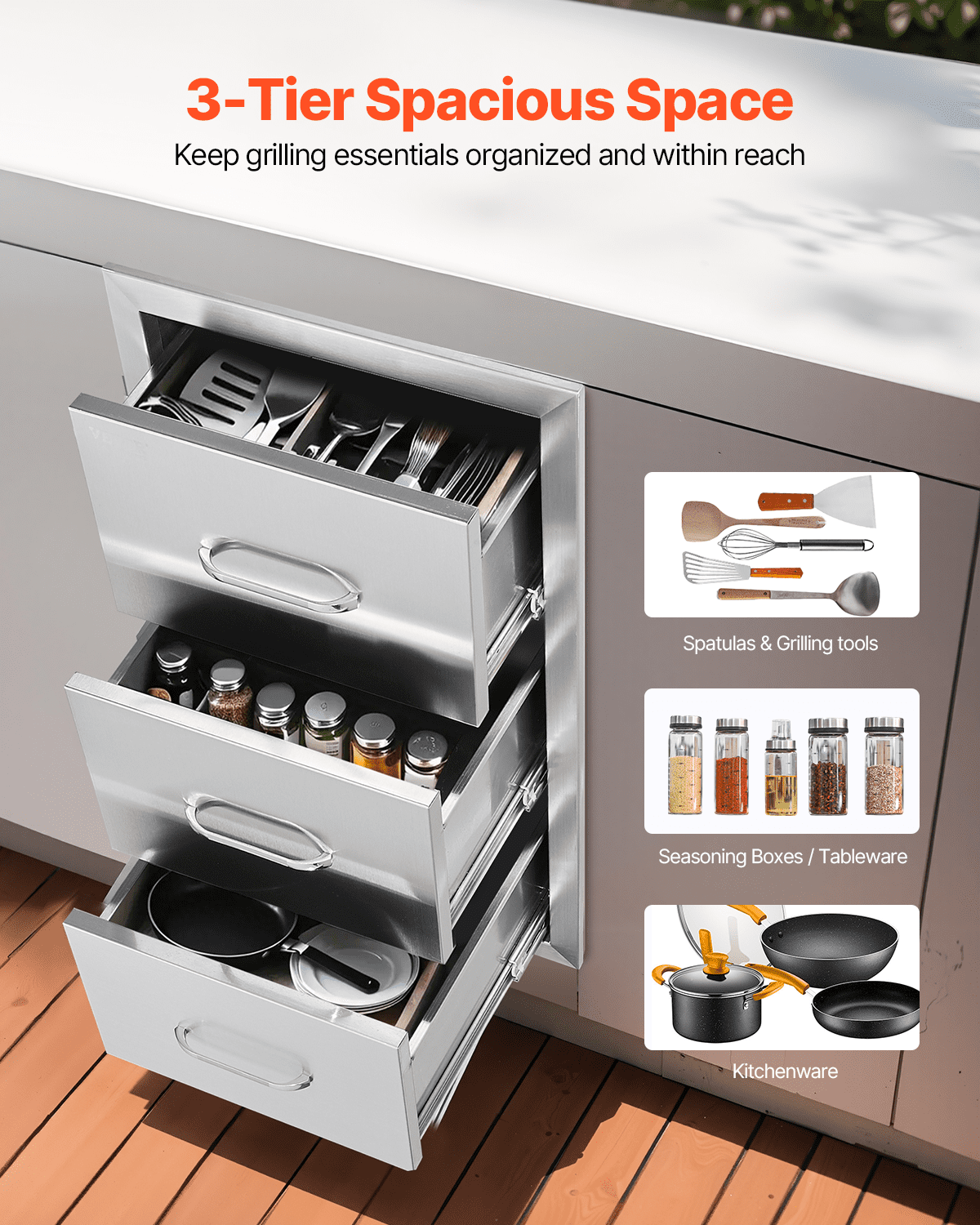 VEVOR Outdoor Kitchen Drawers 16\" W x 28.5\" H x 20.5\" D, Flush Mount Triple Access BBQ Drawers Stainless Steel with Handle, BBQ Island Drawers for Outdoor Kitchens or Patio Grill Station