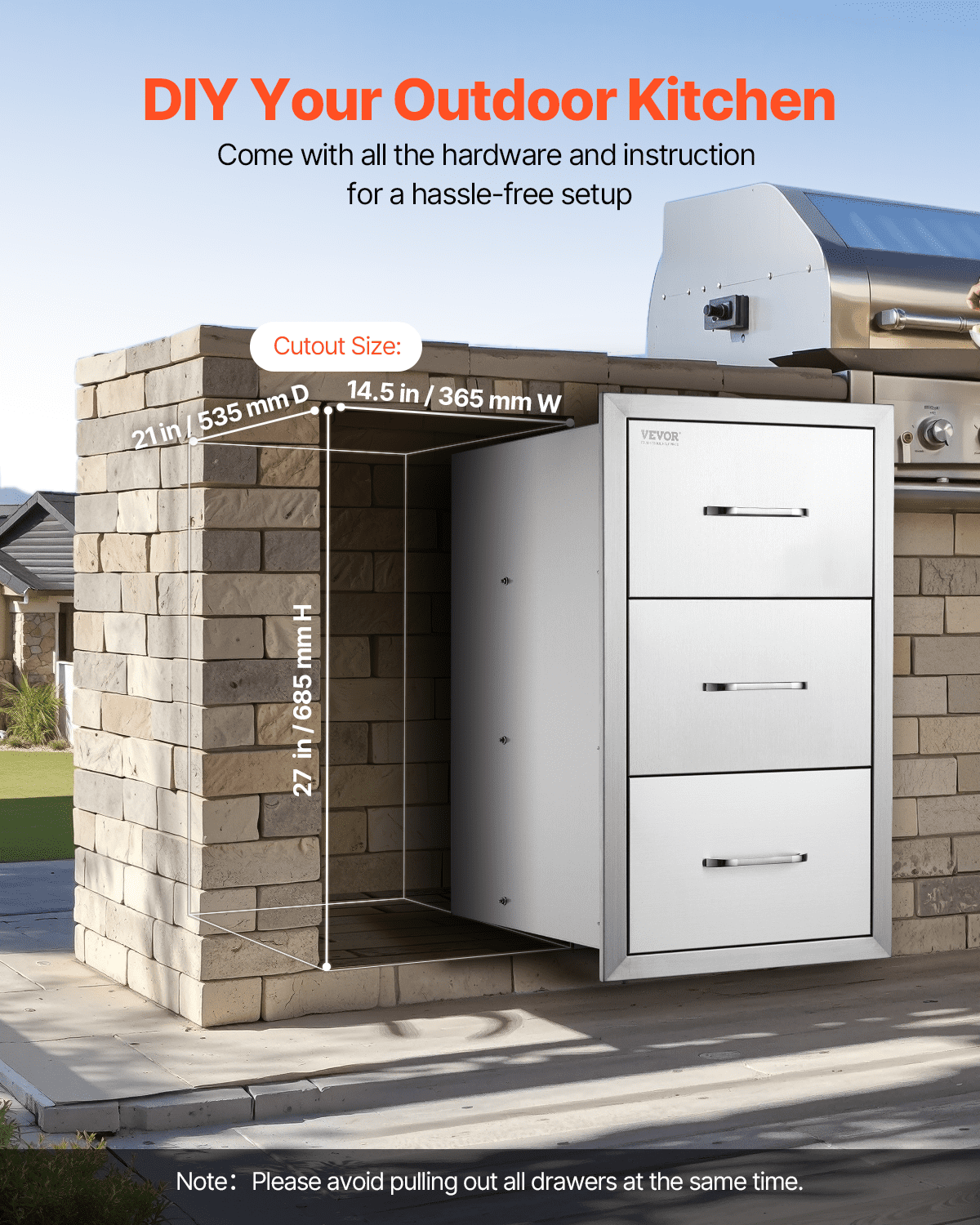 VEVOR Outdoor Kitchen Drawers 16\" W x 28.5\" H x 20.5\" D, Flush Mount Triple Access BBQ Drawers Stainless Steel with Handle, BBQ Island Drawers for Outdoor Kitchens or Patio Grill Station