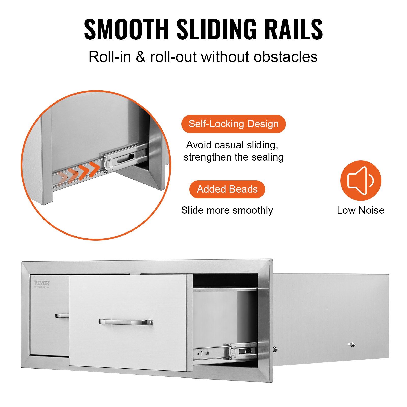VEVOR outdoor kitchen drawers with smooth sliding rails, self-locking design, and low noise.