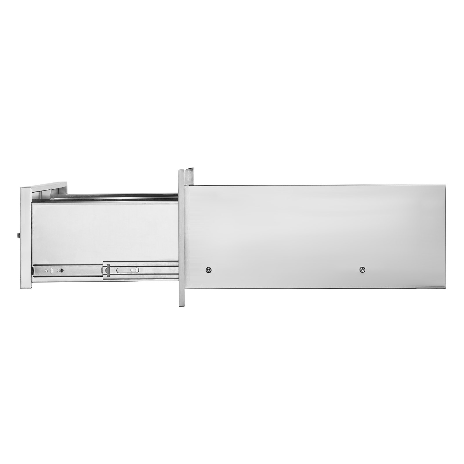 VEVOR outdoor kitchen drawers in stainless steel, side view with extended drawer.