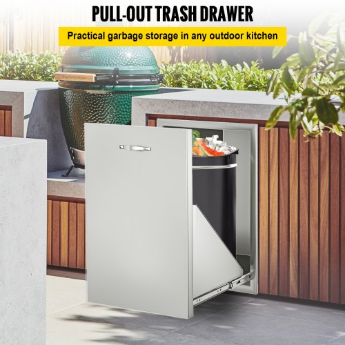 Stainless Steel Trash Drawer With Trash Bag Ring & Square Cut-Out Lower Sliding Rails Waterproof