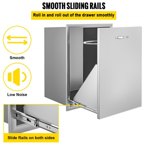 Stainless Steel Trash Drawer With Trash Bag Ring & Square Cut-Out Lower Sliding Rails Waterproof