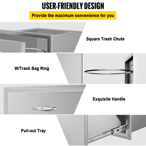 Stainless Steel Trash Drawer With Trash Bag Ring & Square Cut-Out Lower Sliding Rails Waterproof