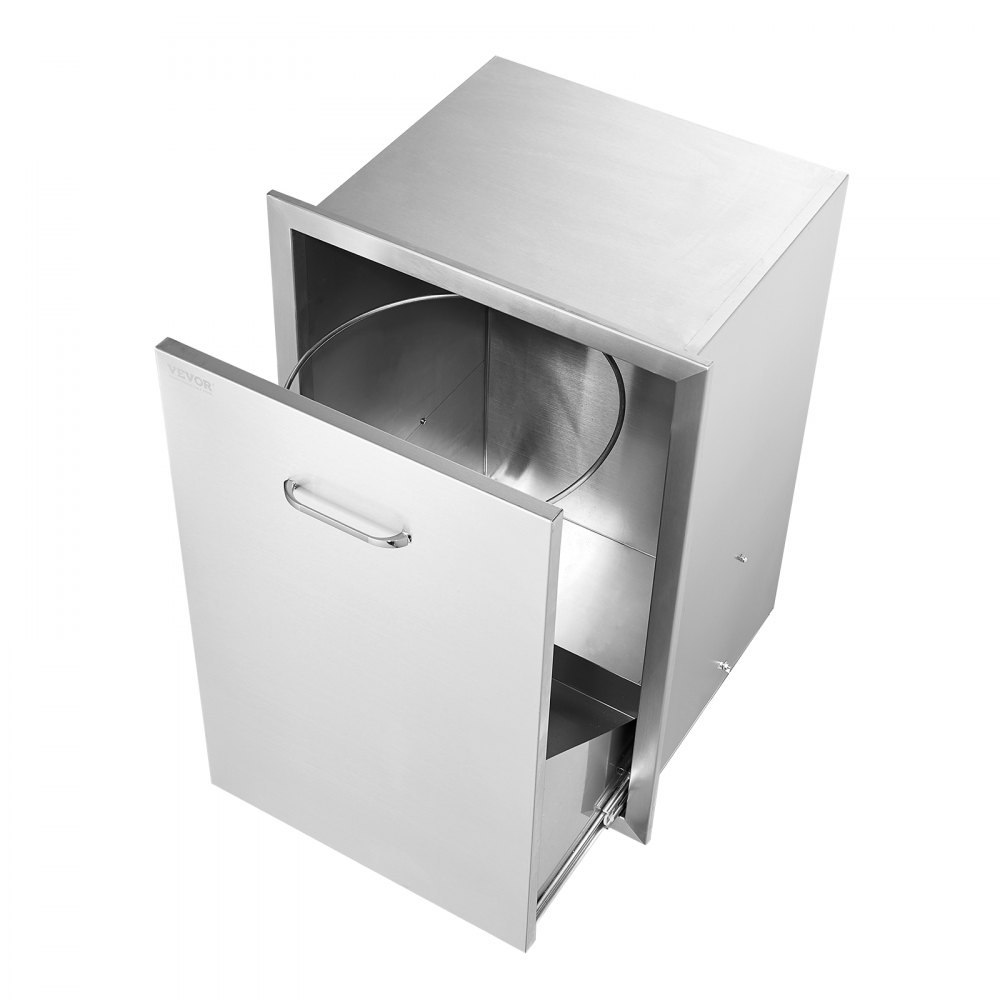 stainless steel VEVOR pull out trash drawer with a sleek handle and open compartment.