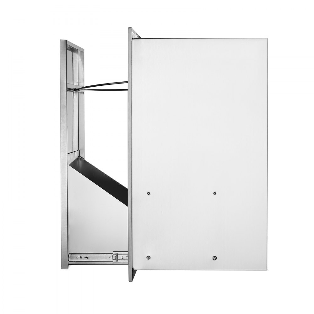stainless steel VEVOR pull out trash drawer, side view with open drawer mechanism.