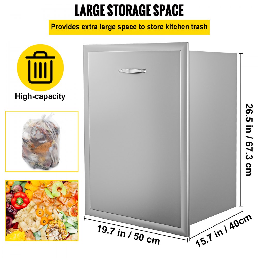 VEVOR Slide Out Trash Drawer Stainless w/ Trash Bag Ring for BBQ Island 50x67cm