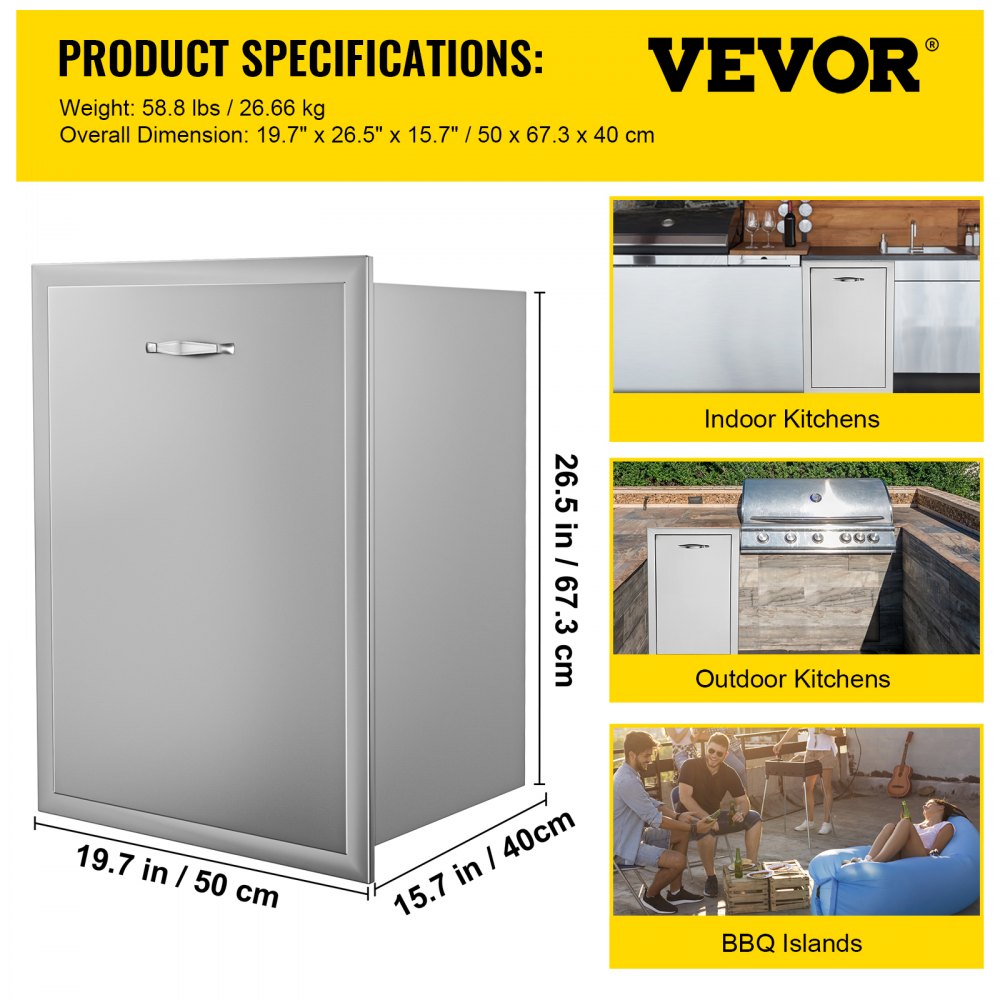VEVOR Slide Out Trash Drawer Stainless w/ Trash Bag Ring for BBQ Island 50x67cm