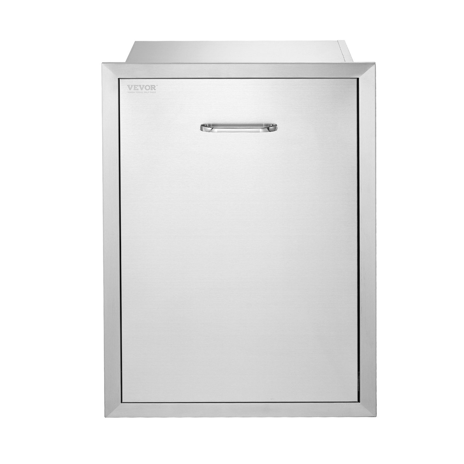 stainless steel VEVOR pull out trash drawer with sleek design and front handle.