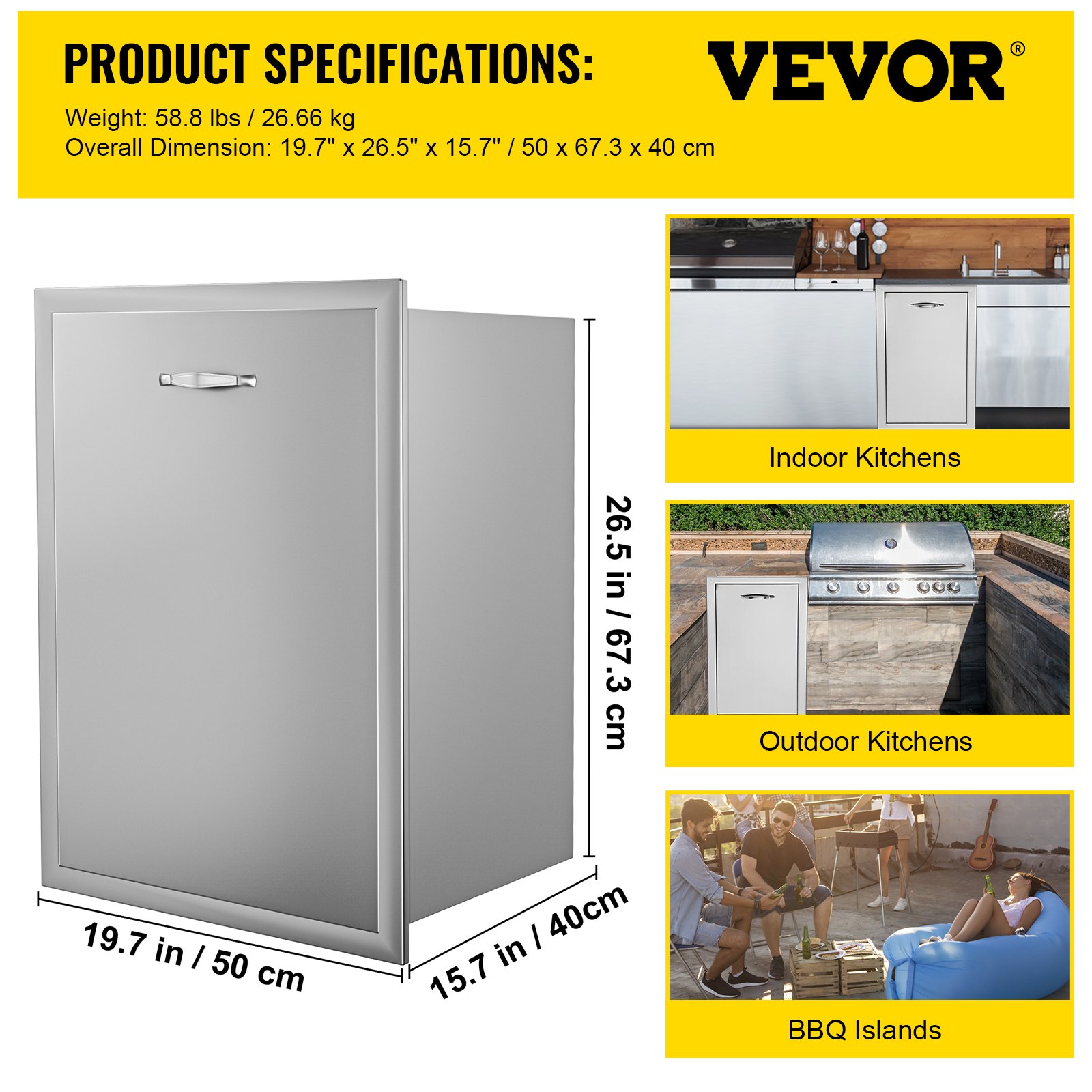 VEVOR Slide Out Trash Drawer Stainless w/ Trash Bag Ring for BBQ Island 50x67cm