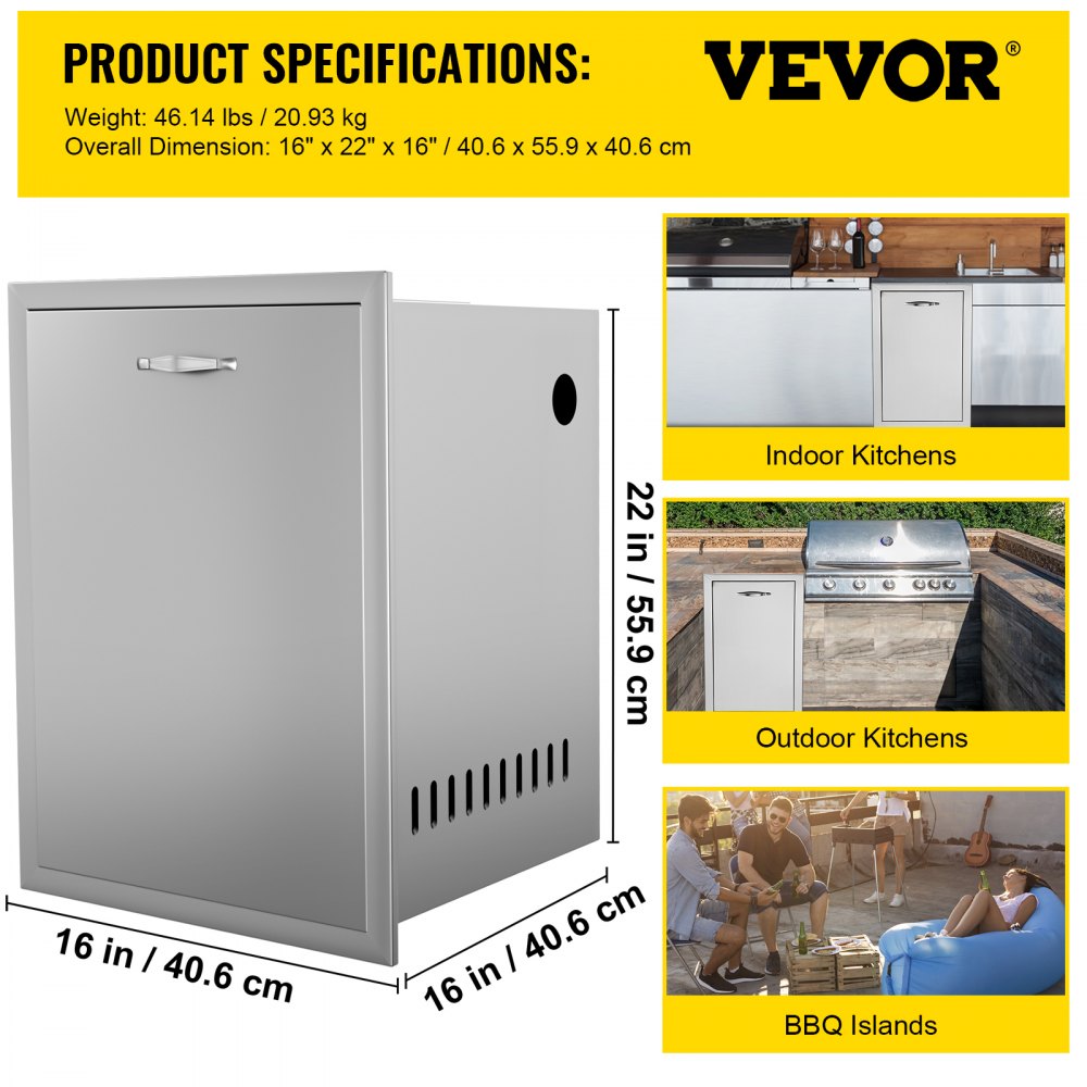 VEVOR Outdoor Kitchen Propane Tank Drawer 16Wx22Hx16D Inch Stainless Steel Pull Out Trash Drawer with Handle for Outdoor Kitchen BBQ Island