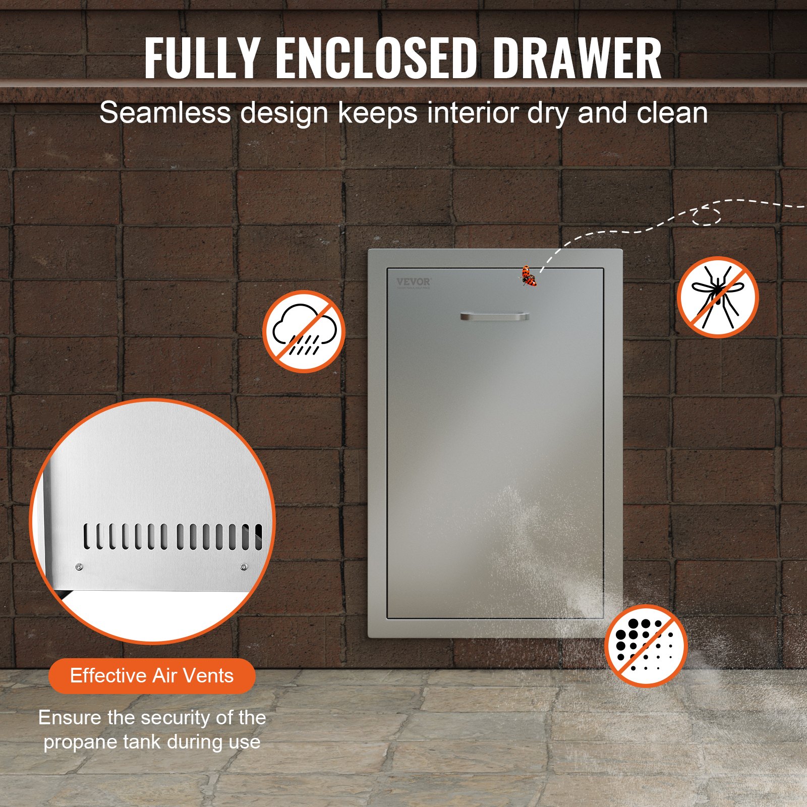 VEVOR outdoor kitchen drawer with air vents ensures dry, clean, and secure interior.