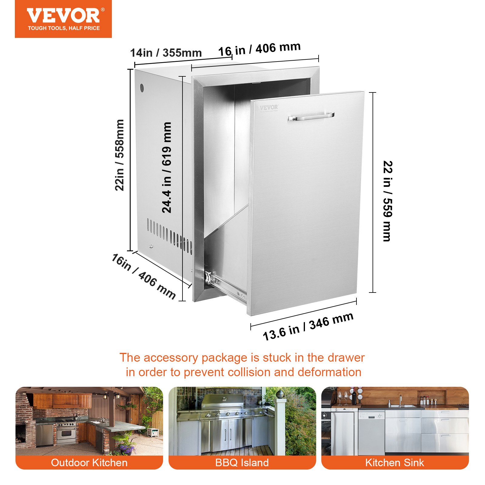 VEVOR outdoor kitchen drawer stainless steel dimensions and installation examples.
