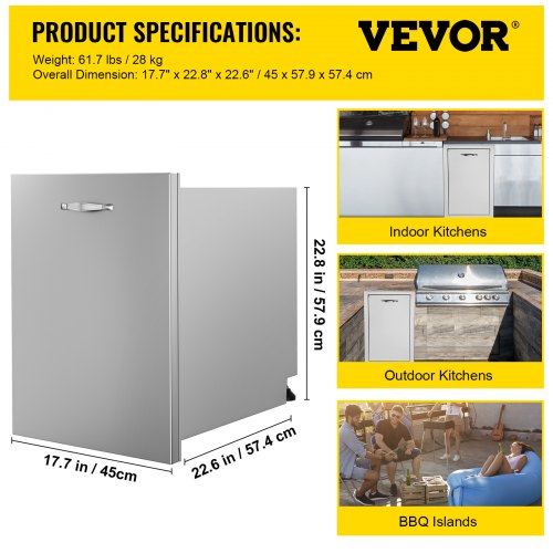Pull Out Trash Drawer 17.7"x22.8" Trash Bin Stainless Outdoor Kitchen BBQ Island