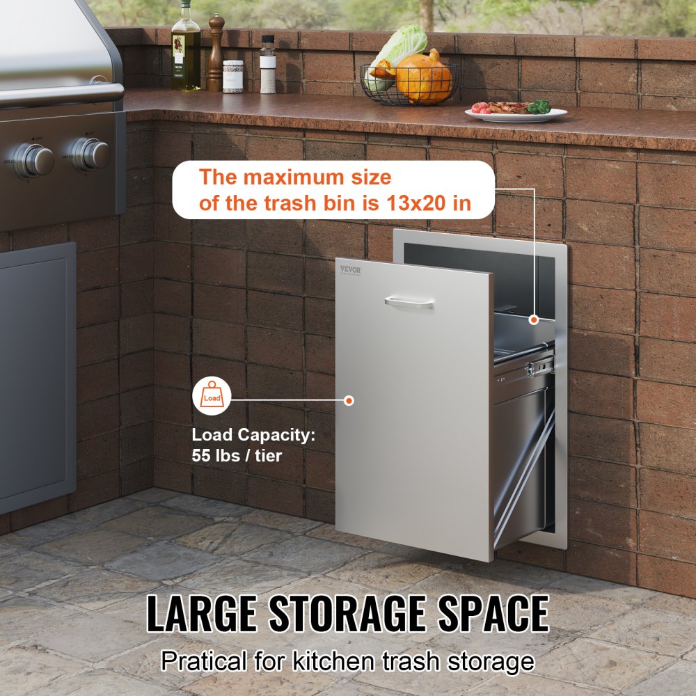 Pull Out Trash Drawer 17.7"x22.8" Trash Bin Stainless Outdoor Kitchen BBQ Island