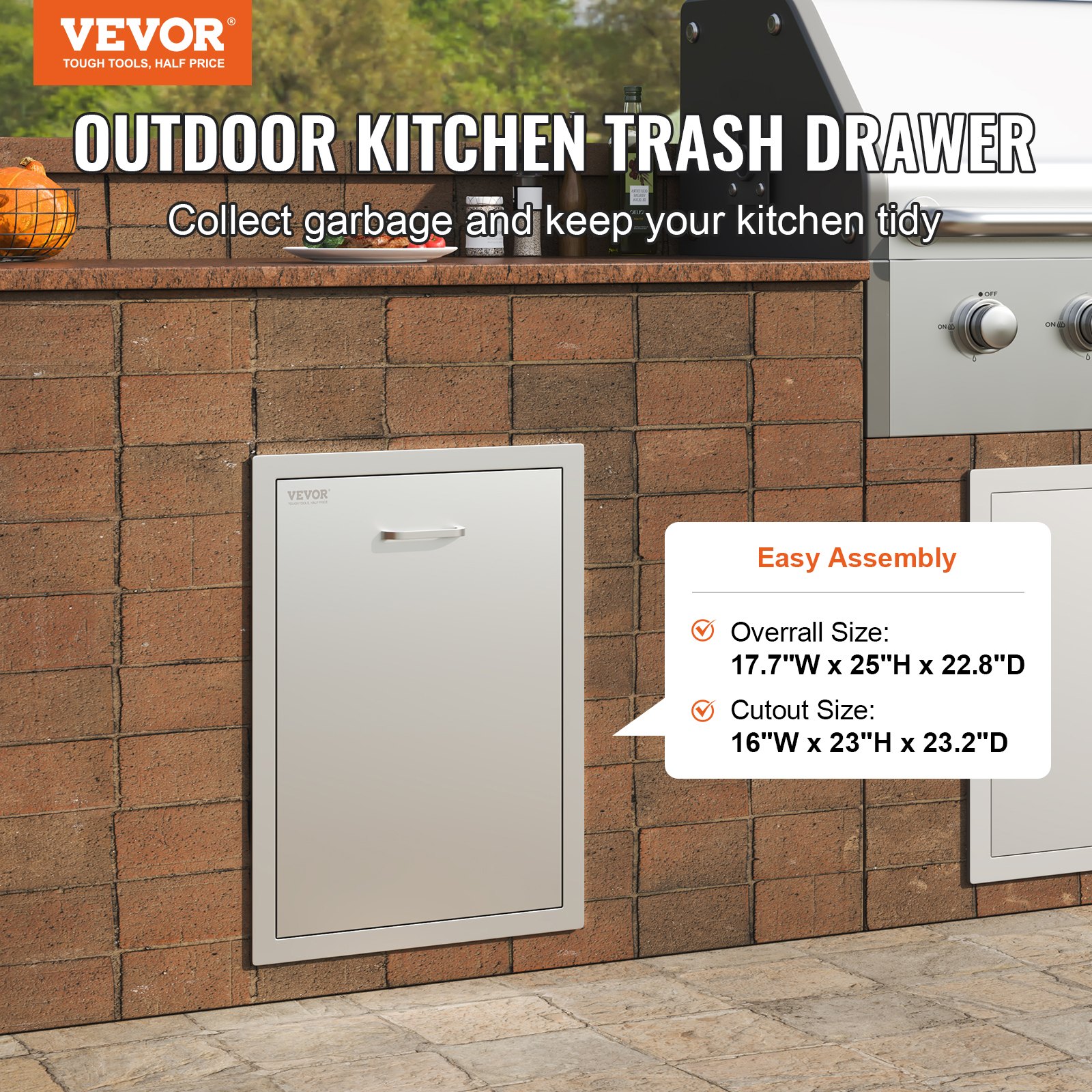 VEVOR Pull Out Trash Drawer 17.7x22.8 Inch Raised Style Trash Bin with Pull-Out Tray Stainless Steel Trash Drawer with Handle for Outdoor Kitchen BBQ Island, Trash Can Not Included