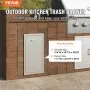 VEVOR pull out trash drawer in outdoor kitchen setting with dimensions and easy assembly.