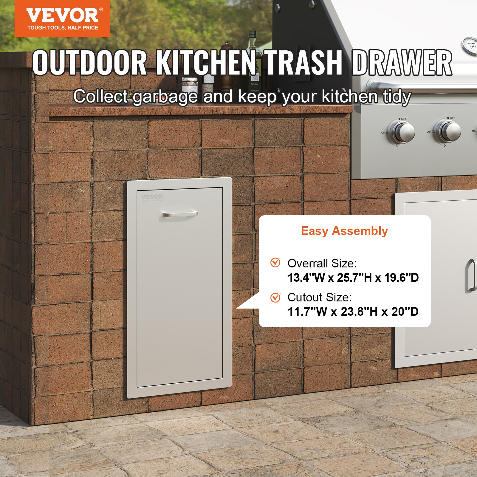 VEVOR pull out trash drawer in outdoor kitchen setting with dimensions and easy assembly.
