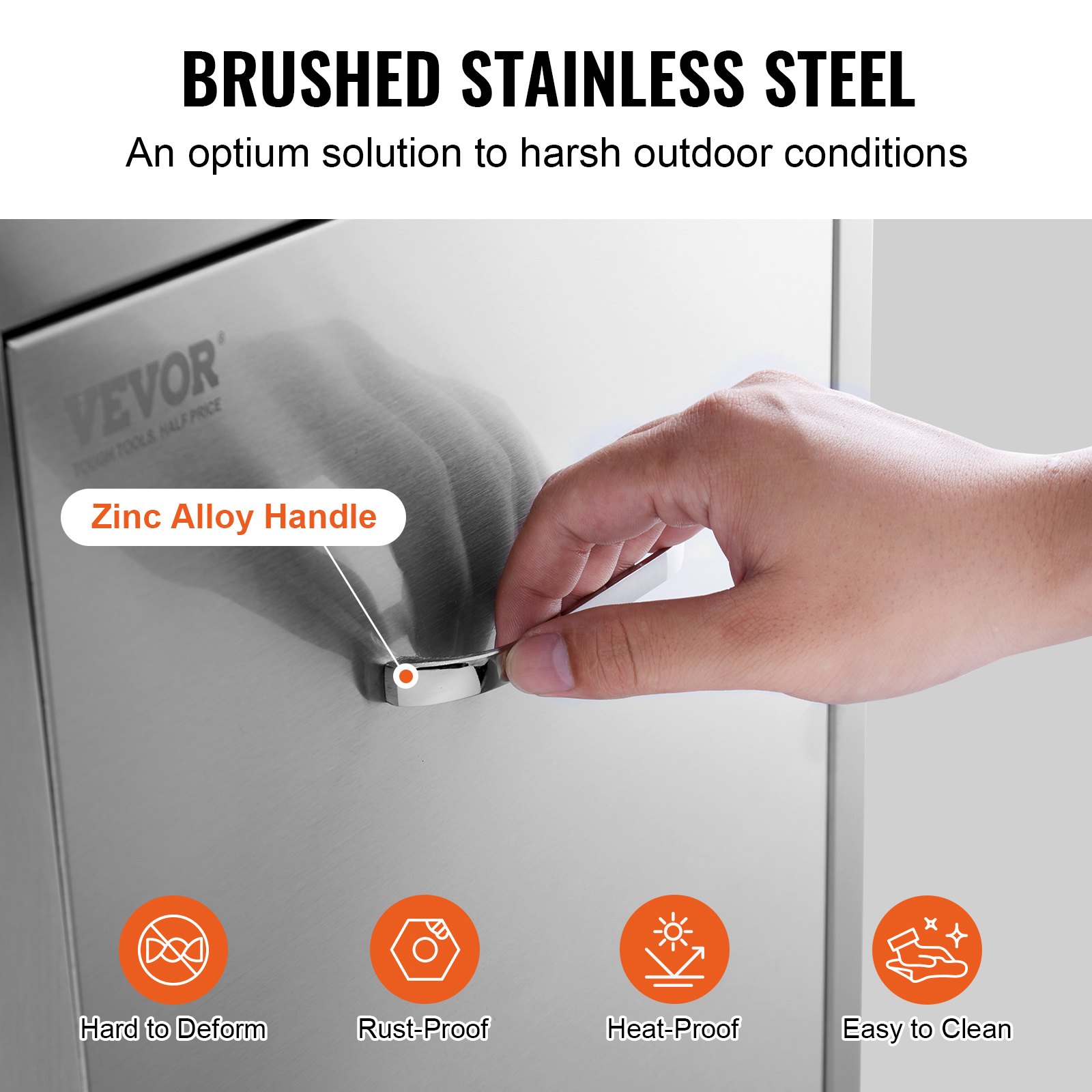 brushed stainless steel VEVOR pull out trash drawer with zinc alloy handle.