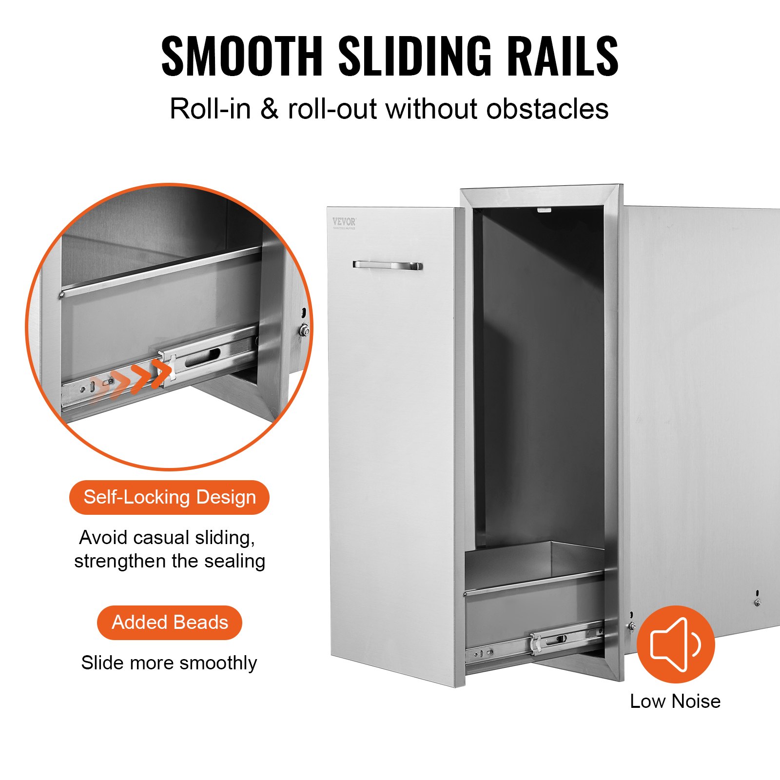 VEVOR pull out trash drawer, smooth sliding rails, self-locking design, low noise.