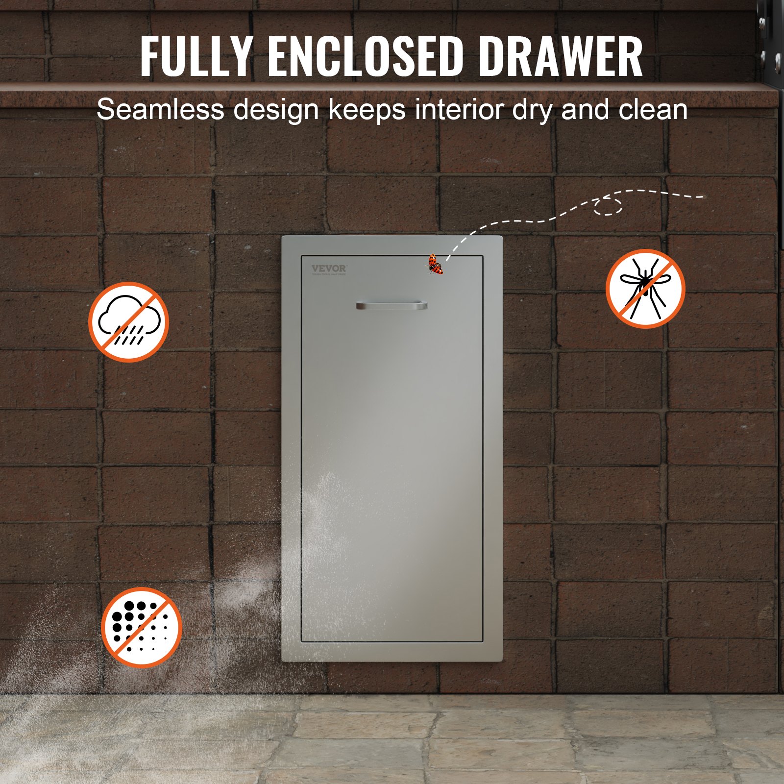 VEVOR pull out trash drawer installed in a brick wall, highlighting its sealed design.