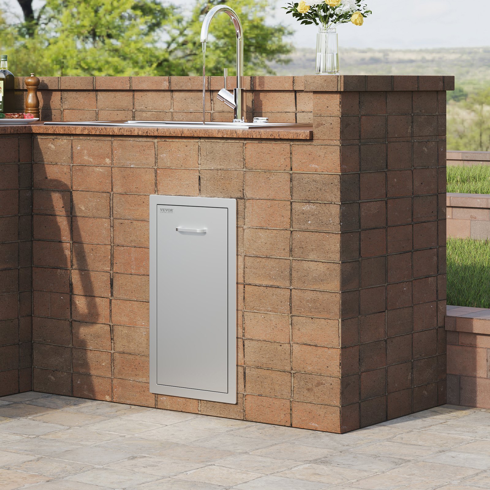 VEVOR pull out trash drawer installed in an outdoor brick kitchen island setup.
