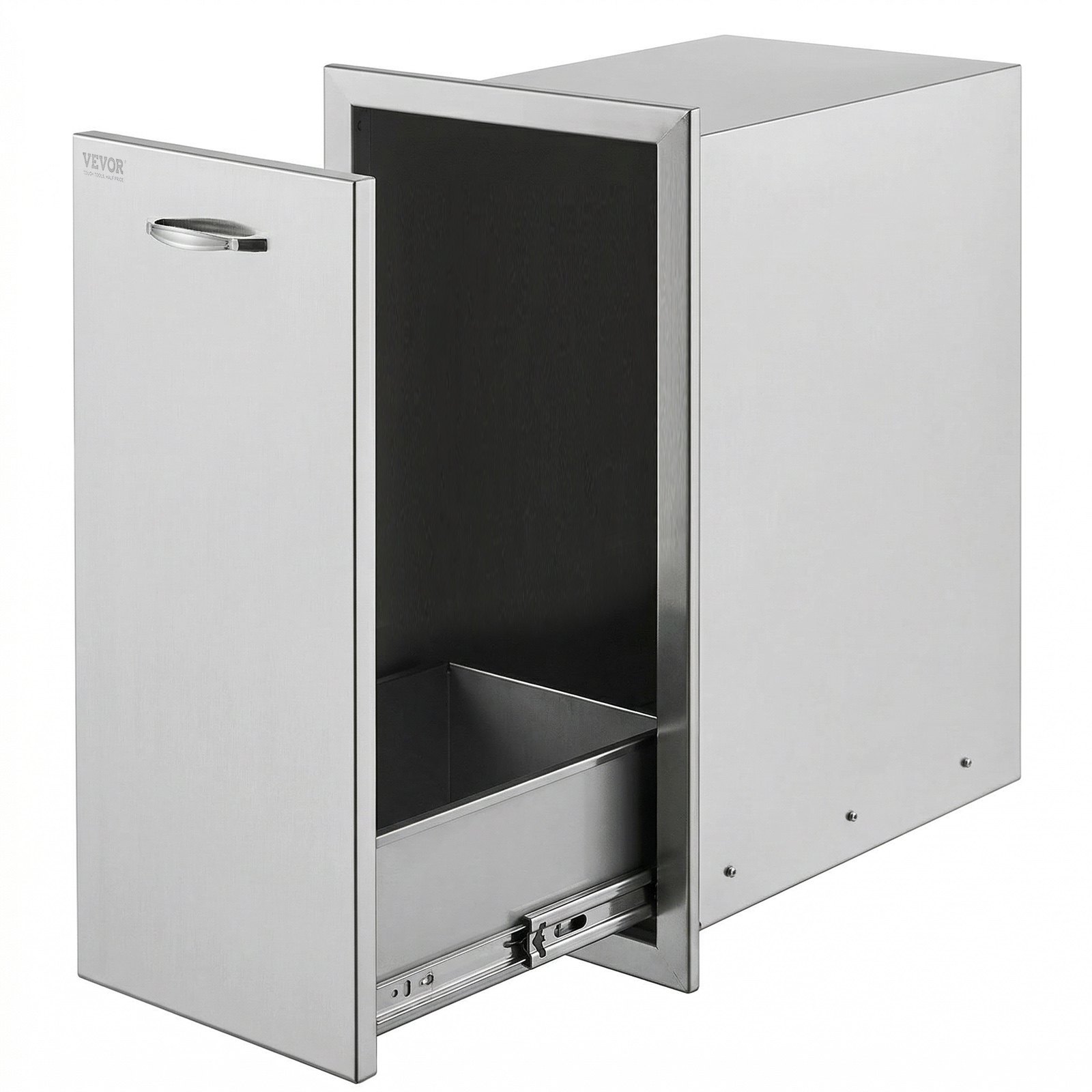 VEVOR Pull Out Trash Drawer 13.6Wx26Hx19.3D Inch Lower Sliding Rails Stainless Steel Roll Out Trash Bin Pull Out Tray Outdoor Kitchen Trash Drawer with Handle for BBQ Island Grill Station No Trash Can