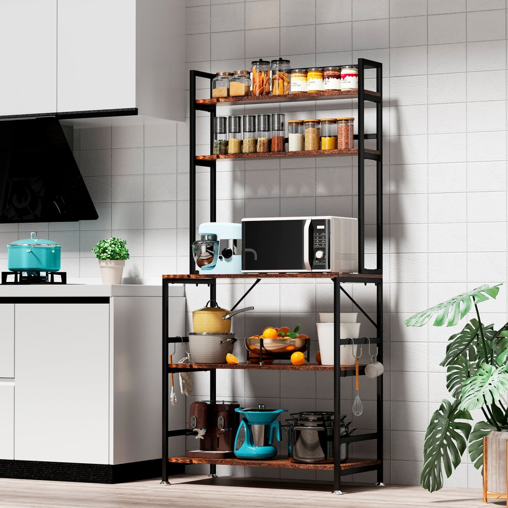 VEVOR Kitchen Baker's Rack, 5-Tier Microwave Stand with 6 Hooks Utility Storage Shelf, Industrial Bakers Racks for Kitchens with Storage, Standing Kitchen Rack for Home Bar, Coffee Bar, Dining Room