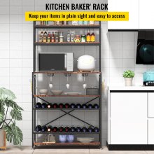 VEVOR Kitchen Baker's Rack, Coffee Bar, 6-Tier Microwave Oven Stand, Bakers Rack with Adjustable Wine Rack and 6 Side Hooks, Bakers Racks for Kitchens with Storage