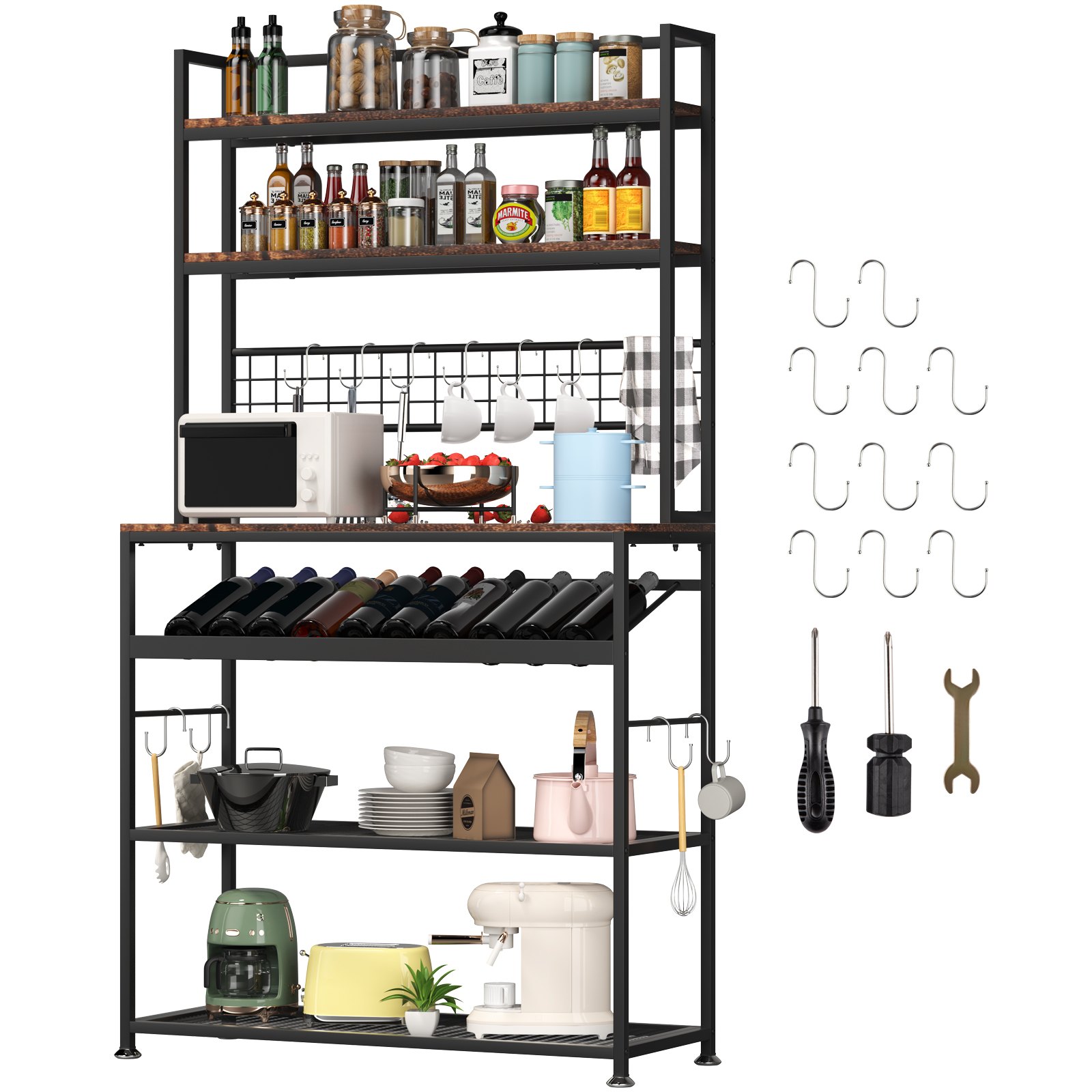VEVOR Kitchen Wine Baker's Rack, Microwave Oven Stand, 6-Tier Kitchen Rack with 11 Side Hooks, Bakers Racks for Kitchens with Storage, Wine Rack, Utility Storage Shelf for Kitchen, Coffer Bar Stand