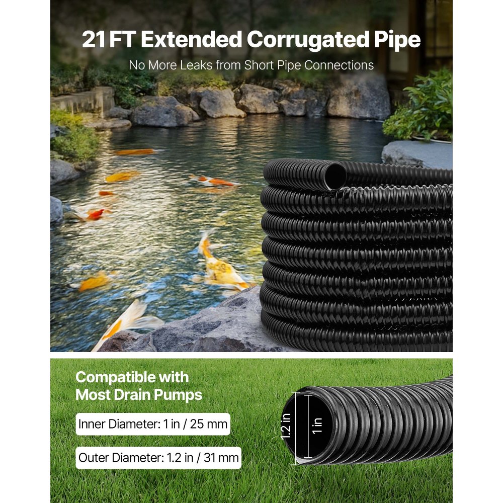 VEVOR 21 ft Corrugated Pond Tubing, 1 inch Inner Diameter, Flexible PVC Hose, Black Drain Pipe, Plastic Corrugated Water Tubing for Pond, Pump, Fountain, Garden, Swimming Pools, Filters, (1 pcs)