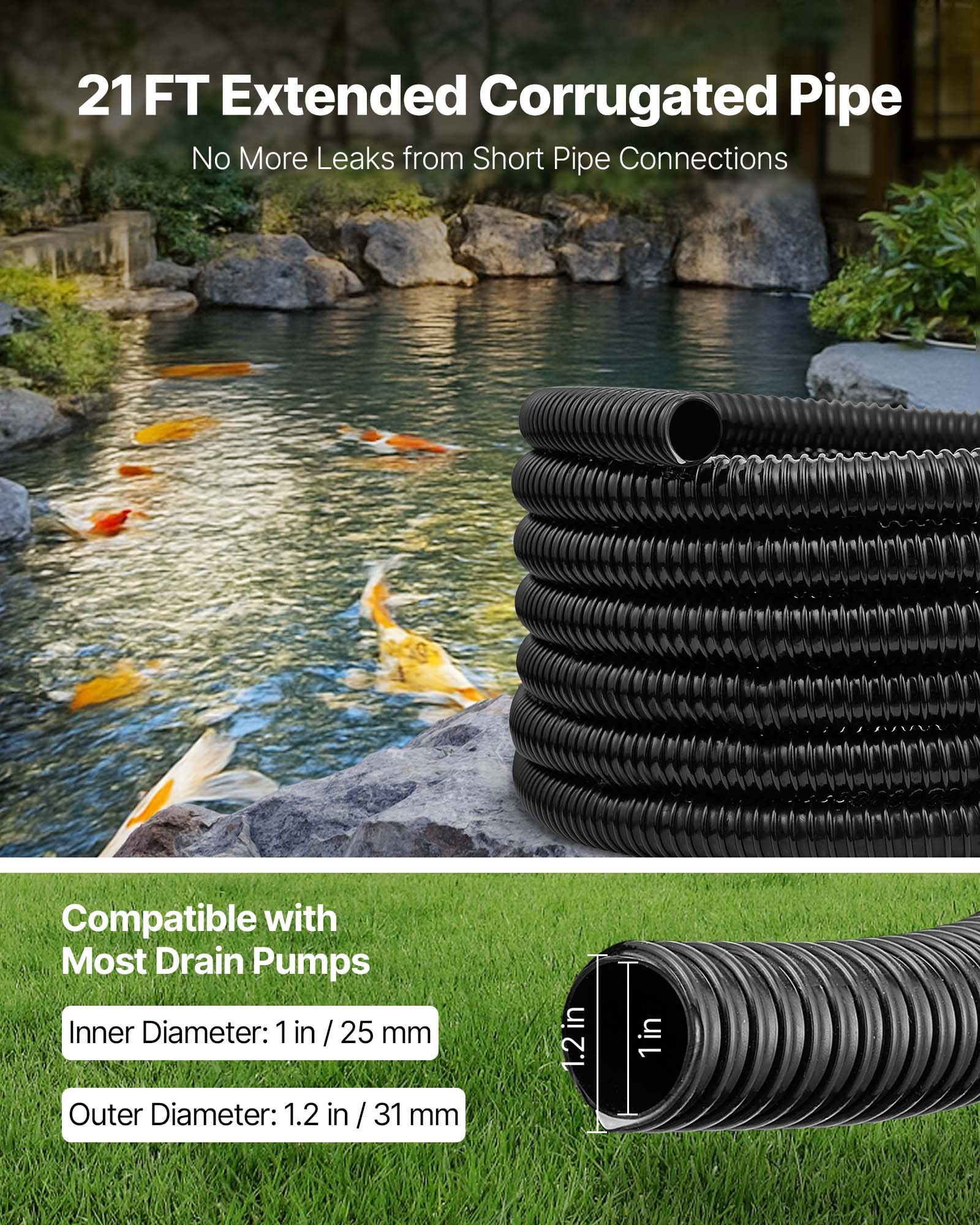 VEVOR 21 ft Corrugated Pond Tubing, 1 inch Inner Diameter, Flexible PVC Hose, Black Drain Pipe, Plastic Corrugated Water Tubing for Pond, Pump, Fountain, Garden, Swimming Pools, Filters, (1 pcs)