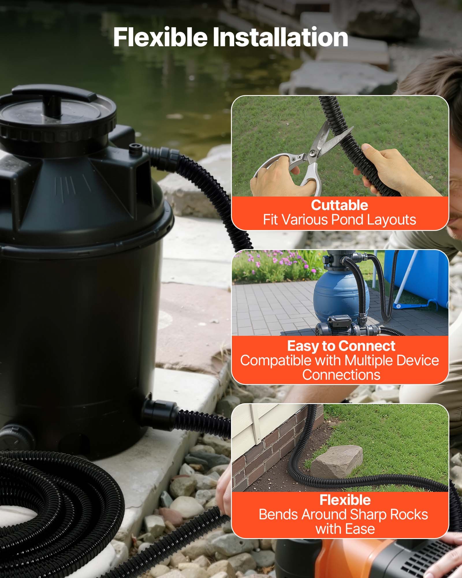 VEVOR 21 ft Corrugated Pond Tubing, 1 inch Inner Diameter, Flexible PVC Hose, Black Drain Pipe, Plastic Corrugated Water Tubing for Pond, Pump, Fountain, Garden, Swimming Pools, Filters, (1 pcs)