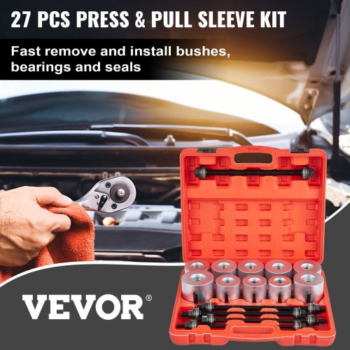 VEVOR 27 PCS Pull and Press Sleeve Kit, 45# Steel Removal Installation Bushes Bearings Tool Kit, Bush Removal Insertion Sleeve Tool Set Works on Most Cars and LCV, HGV Engines