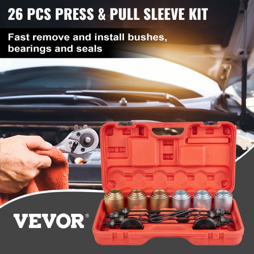 VEVOR 26 PCS Pull and Press Sleeve Kit, 45 # Steel Removal Installation Bushes Bearings Tool Kit, Bush Removal Insertion Sleeve Tool Set Works on Most Cars and LCV, HGV Engines