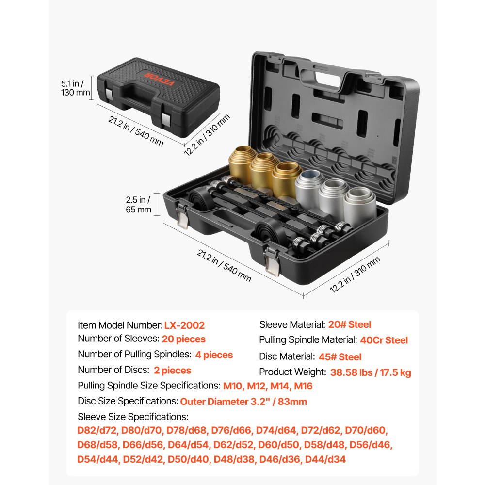 VEVOR Pull and Press Sleeve Kit, 26 PCS, Steel Bush Removal Insertion Sleeve Tools with Carrying Case, Compatible with LCV and HGV Engines, for Removing and Installing Bushings, Bearings, and Seals