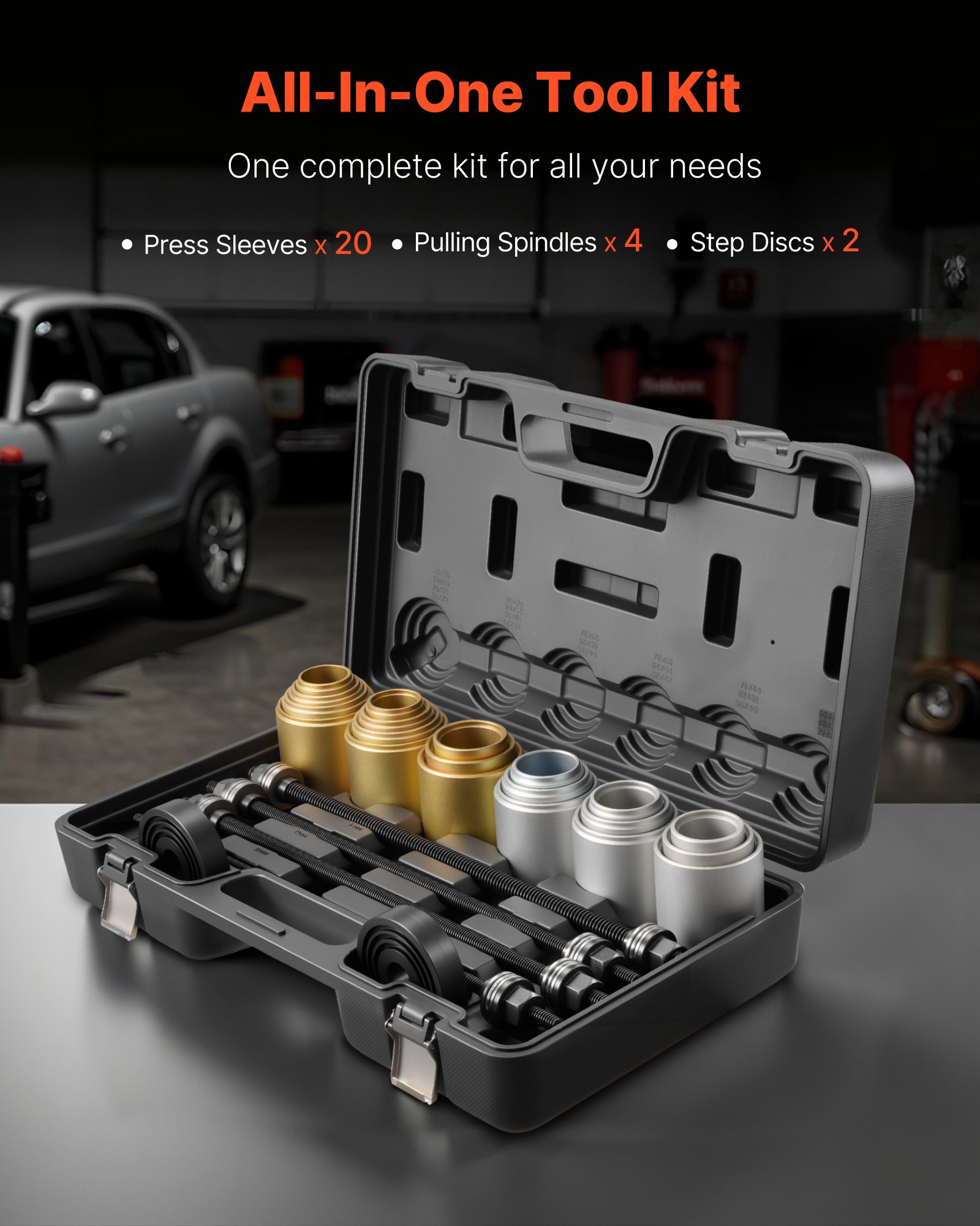 VEVOR Pull and Press Sleeve Kit, 26 PCS, Steel Bush Removal Insertion Sleeve Tools with Carrying Case, Compatible with LCV and HGV Engines, for Removing and Installing Bushings, Bearings, and Seals