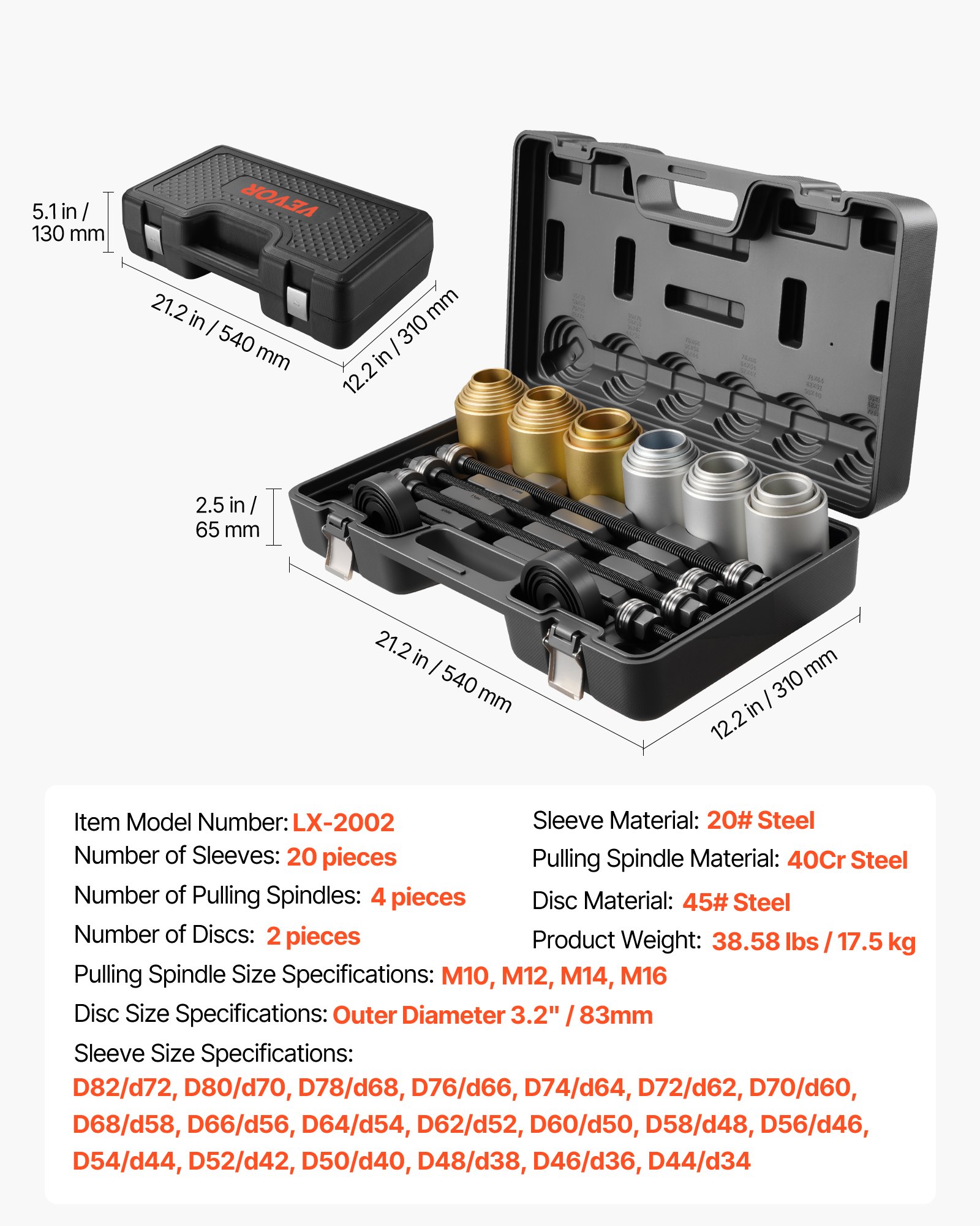 VEVOR Pull and Press Sleeve Kit, 26 PCS, Steel Bush Removal Insertion Sleeve Tools with Carrying Case, Compatible with LCV and HGV Engines, for Removing and Installing Bushings, Bearings, and Seals