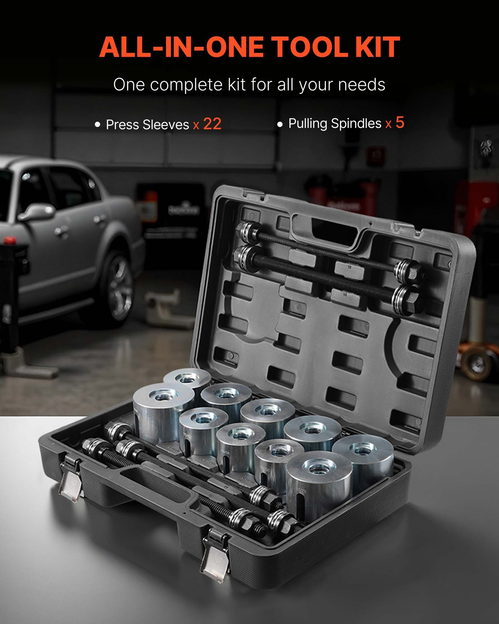 VEVOR Pull and Press Sleeve Kit, 27 PCS, Steel Bush Removal Insertion Sleeve Tools with Carrying Case, Compatible with LCV and HGV Engines, for Removing and Installing Bushings, Bearings, and Seals