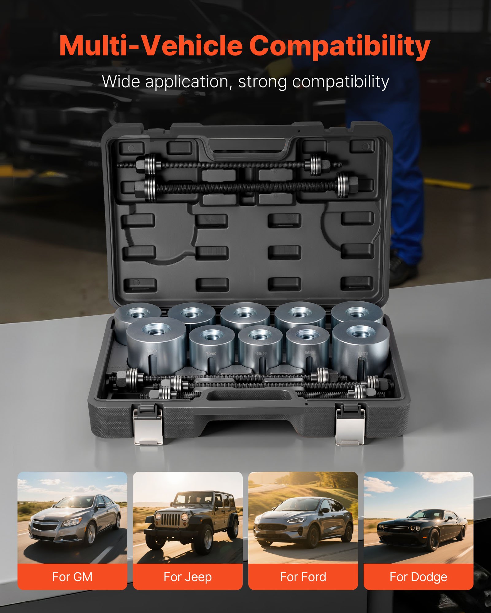 VEVOR Pull and Press Sleeve Kit, 27 PCS, Steel Bush Removal Insertion Sleeve Tools with Carrying Case, Compatible with LCV and HGV Engines, for Removing and Installing Bushings, Bearings, and Seals
