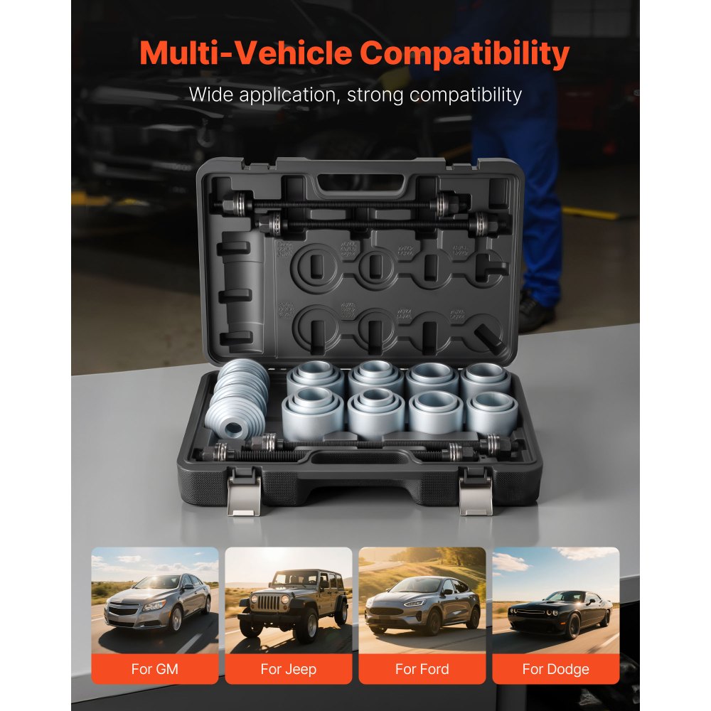 VEVOR Pull and Press Sleeve Kit, 28 PCS, Steel Bush Removal Insertion Sleeve Tools with Carrying Case, Compatible with LCV and HGV Engines, for Removing and Installing Bushings, Bearings, and Seals