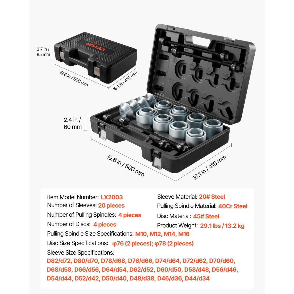 VEVOR Pull and Press Sleeve Kit, 28 PCS, Steel Bush Removal Insertion Sleeve Tools with Carrying Case, Compatible with LCV and HGV Engines, for Removing and Installing Bushings, Bearings, and Seals