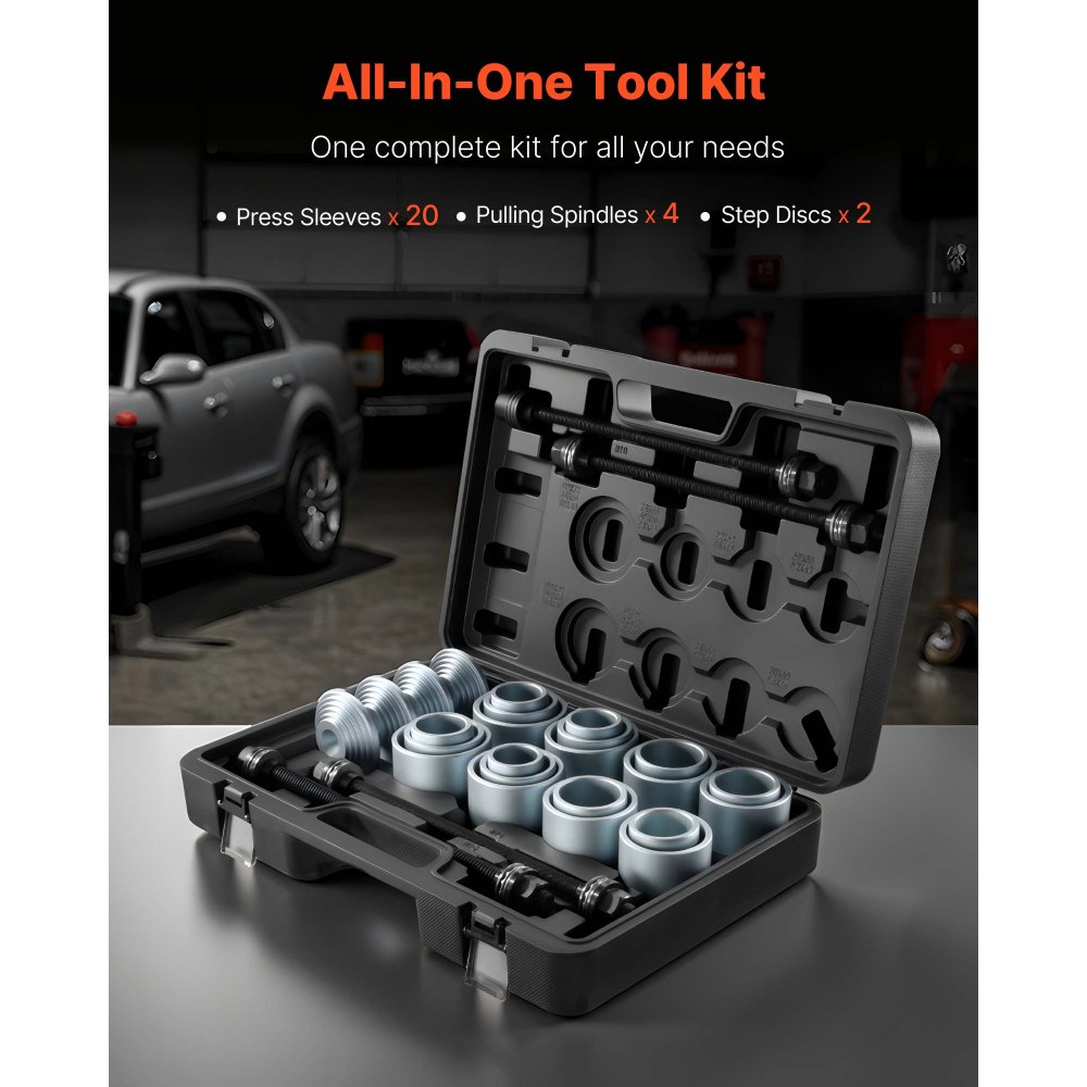 VEVOR Pull and Press Sleeve Kit, 28 PCS, Steel Bush Removal Insertion Sleeve Tools with Carrying Case, Compatible with LCV and HGV Engines, for Removing and Installing Bushings, Bearings, and Seals