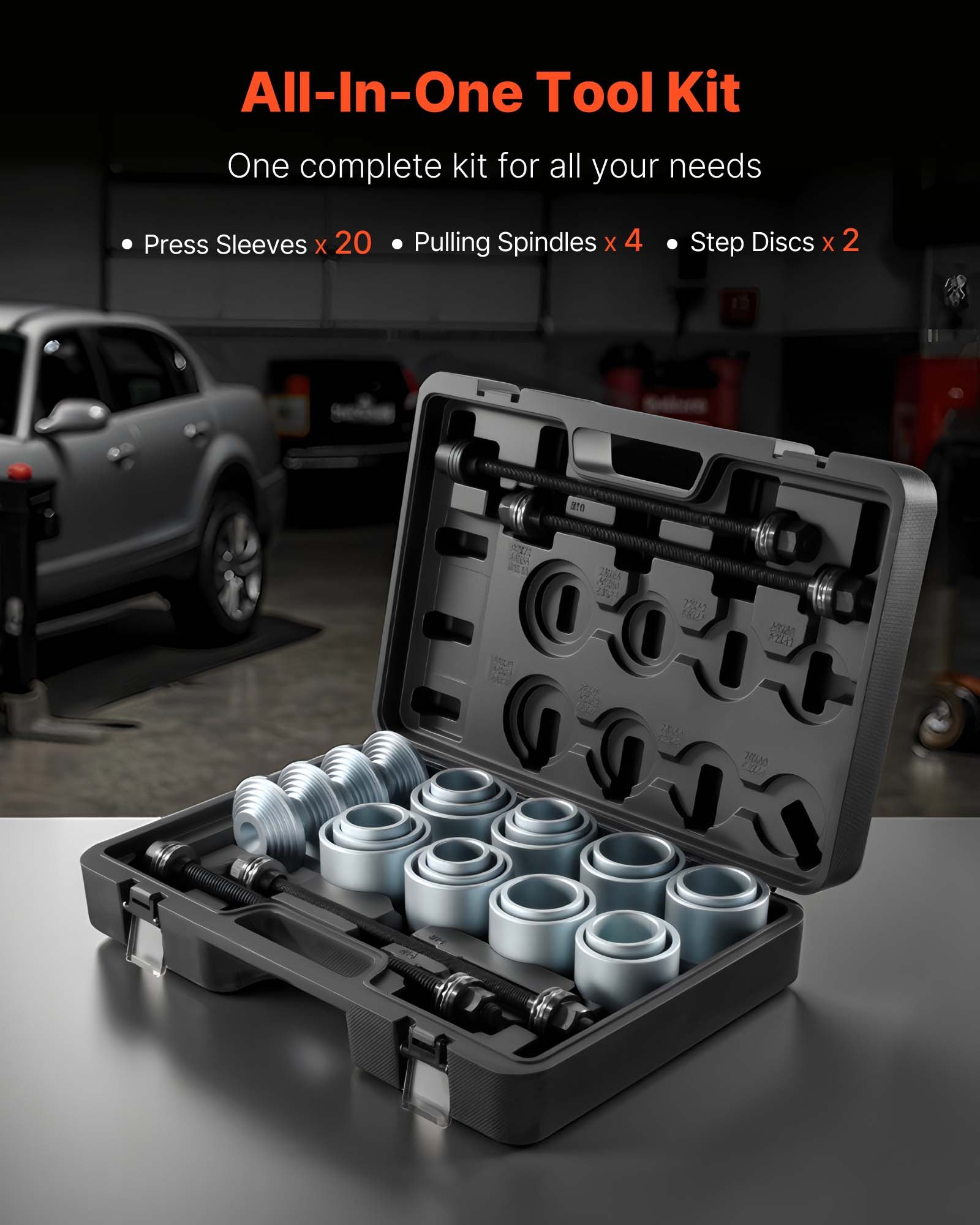 VEVOR Pull and Press Sleeve Kit, 28 PCS, Steel Bush Removal Insertion Sleeve Tools with Carrying Case, Compatible with LCV and HGV Engines, for Removing and Installing Bushings, Bearings, and Seals