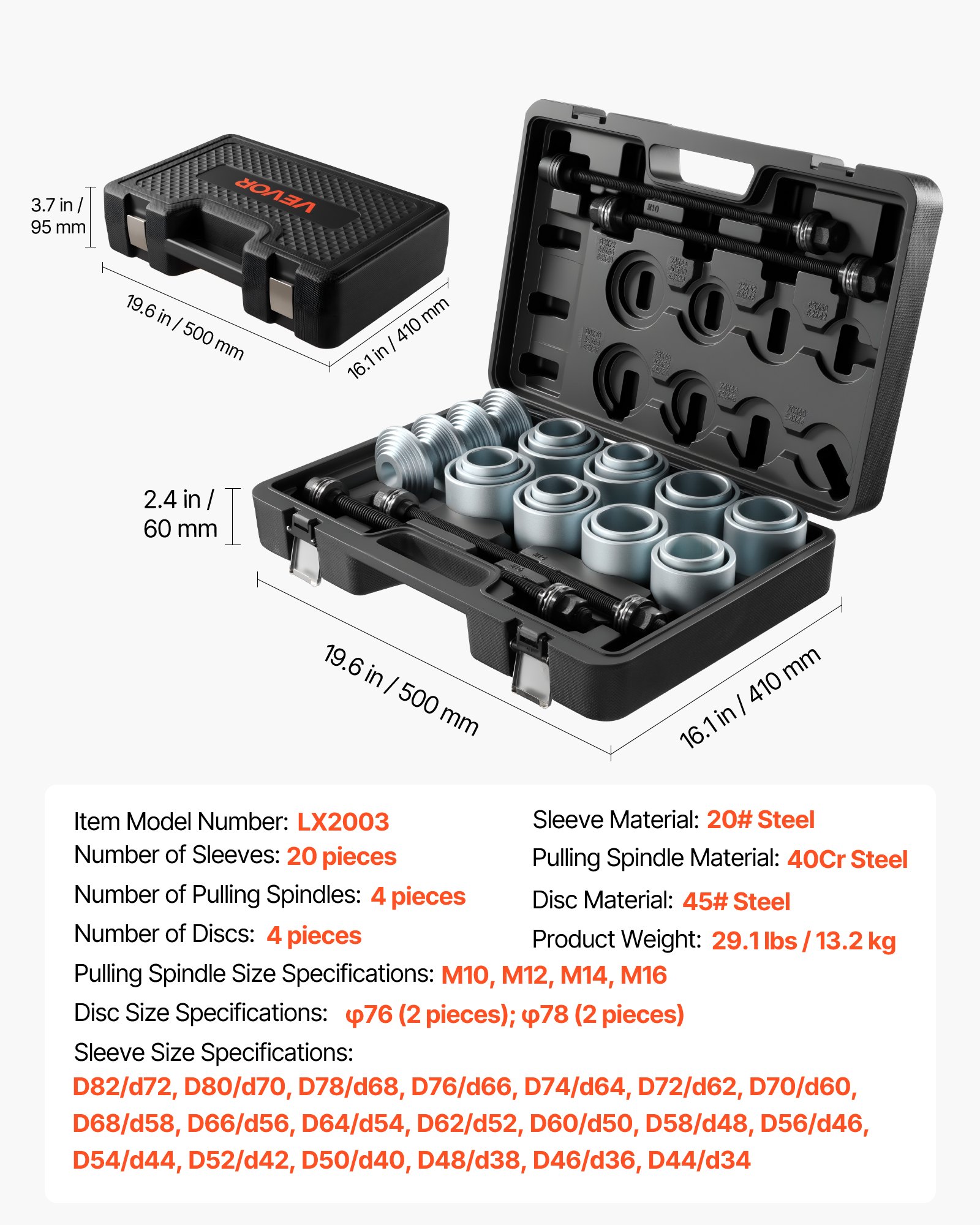 VEVOR Pull and Press Sleeve Kit, 28 PCS, Steel Bush Removal Insertion Sleeve Tools with Carrying Case, Compatible with LCV and HGV Engines, for Removing and Installing Bushings, Bearings, and Seals