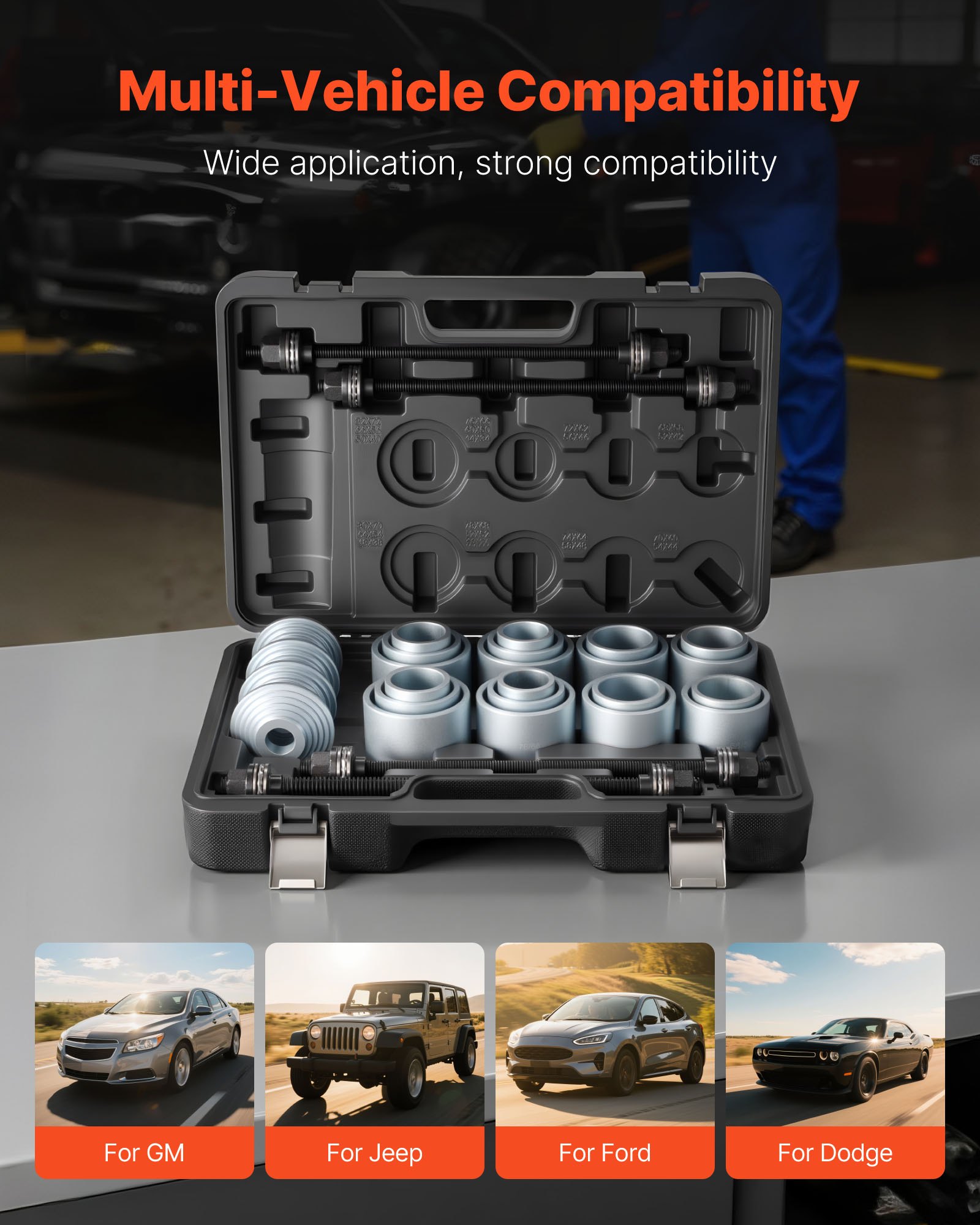 VEVOR Pull and Press Sleeve Kit, 28 PCS, Steel Bush Removal Insertion Sleeve Tools with Carrying Case, Compatible with LCV and HGV Engines, for Removing and Installing Bushings, Bearings, and Seals